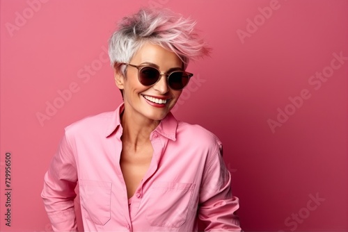 Portrait of a beautiful woman with pink hair and sunglasses on a pink background © Inigo