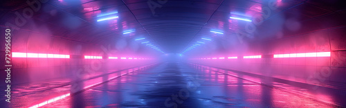 A mesmerizing cyberpunk scene at night, showcasing a tunnel illuminated by blue violet neon lights. The perspective draws the viewer into a world of vibrant colors and reflections.