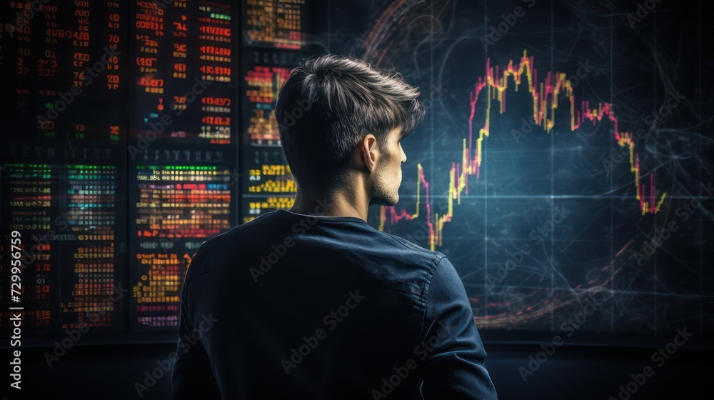 A businessman looks at a trading report presentation hologram screen computer, with a nighttime view in the background. A businessman looks at a trading report presentation hologram screen computer, with a nighttime view in the background.