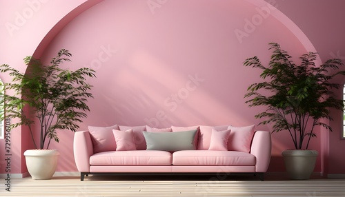 Chic Minimalism: Pink Sofa and Lush Houseplants in a Bright Living Room with Arched Window