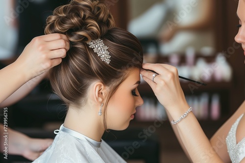 hairdresser creating an updo on bride in studio