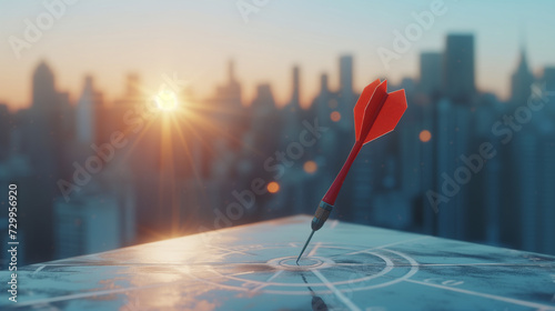 Strategic, Perfect, Success, Goals business and achievement concept. Close up of red dart hitting the center of the target on floor and city view in the morning on background. photo