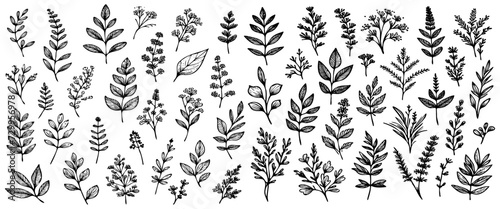 Collection of hand-drawn plant leaves on white background photo