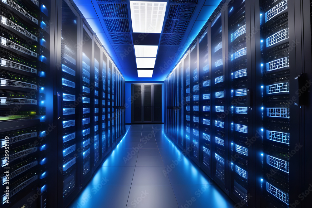 Modern Data Center Server Room with Rows of Equipment Cabinets and ...