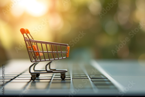 Online shopping and electronic commerce concept. Shopping cart with laptop keyboard on wood table.
