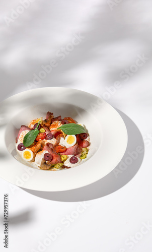 Roast Beef Salad with Quail Eggs and Vegetables on Shadowed White Presentation
