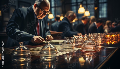 A sommelier in a classic suit carefully checks the quality of the wine in the elegant atmosphere of the restaurant with soft lighting. Concept: culture and training for a restaurant and wine bar
