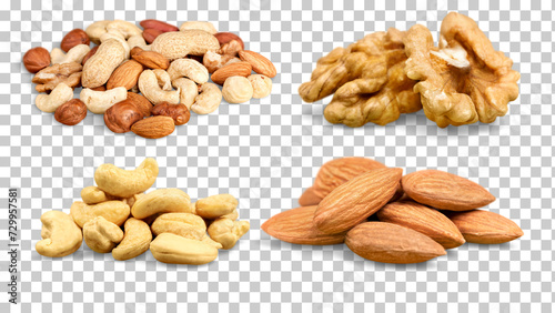 Nuts, Cutout of pecan halves,Roasted cashew nuts & Almonds on Transparent Background
