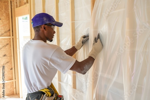 technician installing vapor barrier over home wall insulation