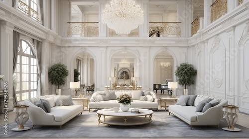 A grand luxury living room showcases a blend of classic and modern design, with architectural details, contemporary art, and ornate furniture © GraphicaGlory