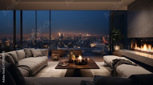 A grand luxury living room showcases sleek, minimalist design, a wall-mounted fireplace, and panoramic views of the city skyline