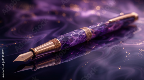 elegance gold point fountain pen on glitter glow diamond dust purple gold ink, powerful or empowerment of writing and literature or business contract theme, Generative Ai photo