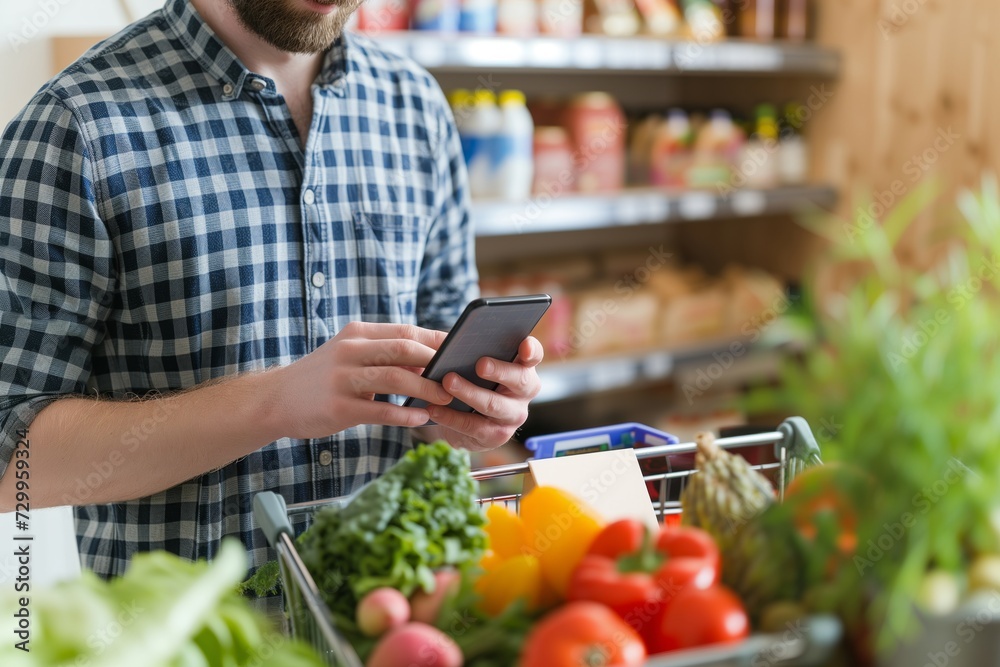 man checking a shopping list on his smartphone man checking a shopping list on his smartphone