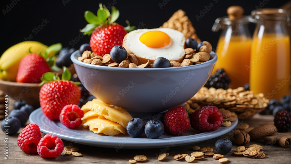 concept of healthy eating. breakfast with muesli, fruit, fresh juice, egg. on a dark background concept of healthy eating. breakfast with muesli, fruit, fresh juice, egg. on a dark background