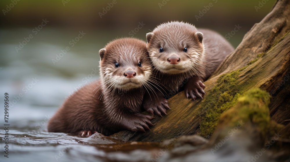 Playful otter pups cuddling on a riverbank, soft fur and sparkling eyes - obrazy, fototapety, plakaty 