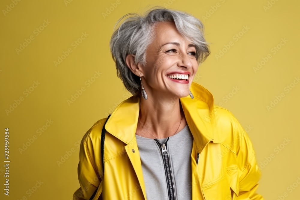 Portrait of a happy senior woman in yellow jacket on yellow background Portrait of a happy senior woman in yellow jacket on yellow background