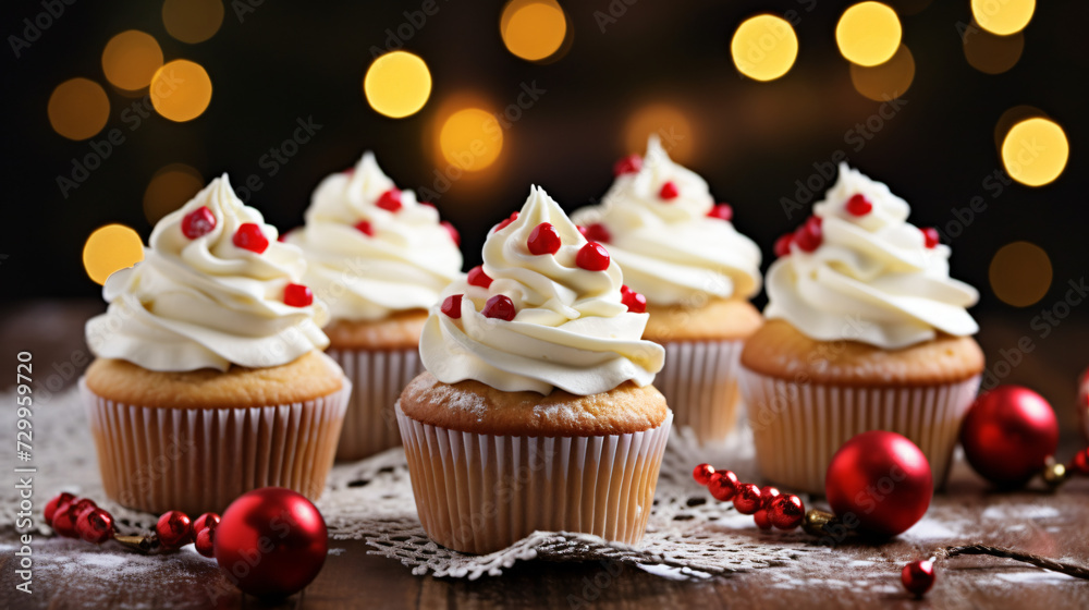 Festive cupcakes topped with cream on a table