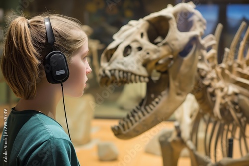 teen wearing audio guide at a stone age skeleton exhibit photo