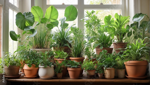 A variety of green indoor plants on the background of the window