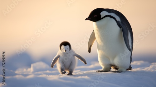 Penguin chick waddling with its parent on an icy tundra  fluffy feathers and clumsy steps