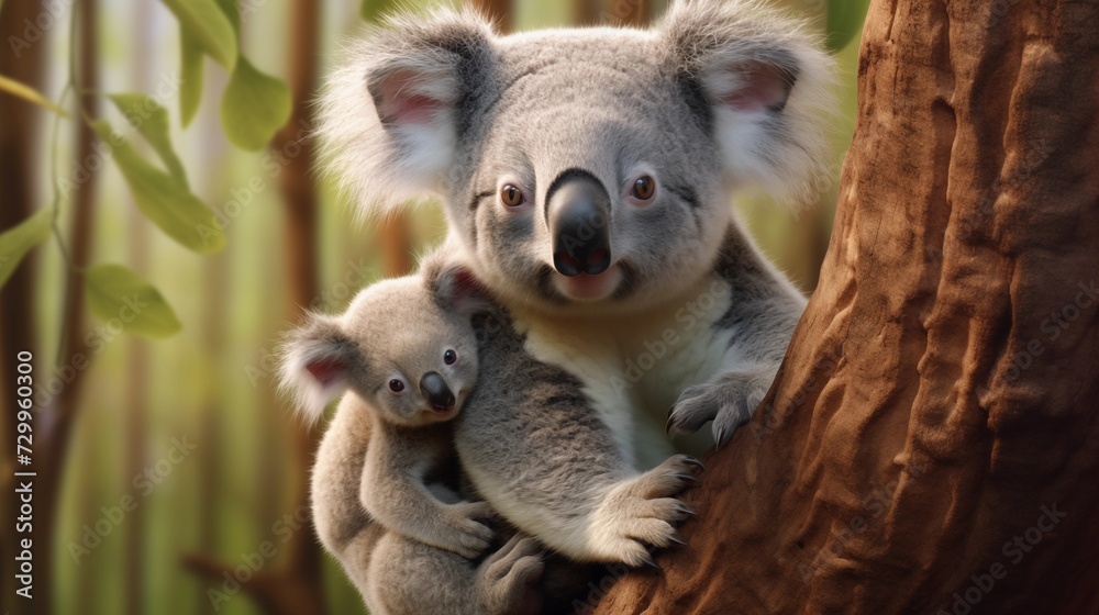 Fototapeta premium Fluffy koala joey clinging to its mother's back as they climb a eucalyptus tree, sleepy eyes and soft fur