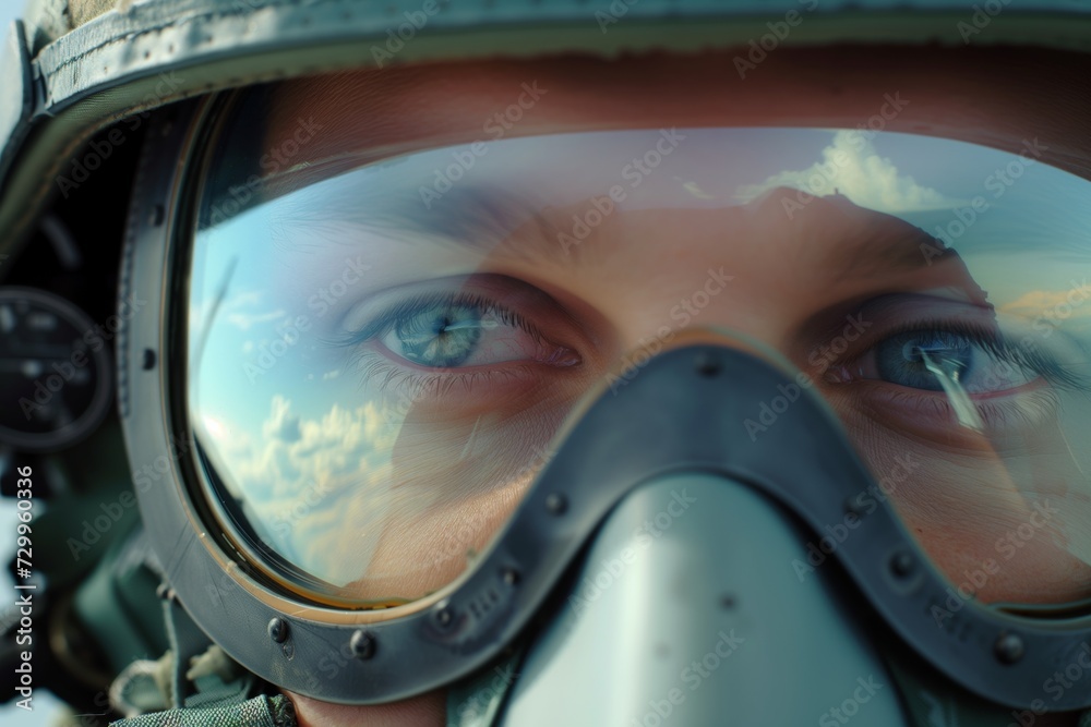 Fototapeta premium closeup of a pilots eyes reflecting sky during flight