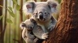 Fluffy koala joey clinging to its mother's back as they climb a eucalyptus tree, sleepy eyes and soft fur