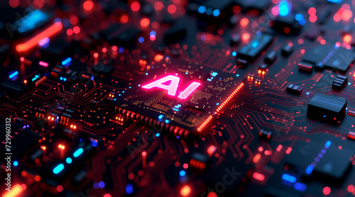 A glowing 'AI' symbol is at the heart of a complex circuit board, illustrating the integration of artificial intelligence technology with electronic hardware
