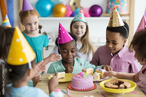 kids with colorful party hats around a cakestrewn table