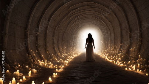 a girl in a long dress walks through a tunnel until the white light. concept of transition to another world. light at the end of the tunnel