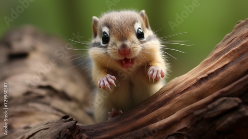 Tiny chipmunk with bulging cheeks scurrying up a tree trunk, busy movements and adorable twitches