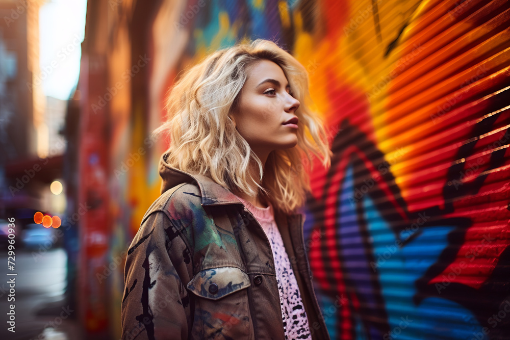 A woman standing in front of a vibrant, colorful graffiti wall on a city street