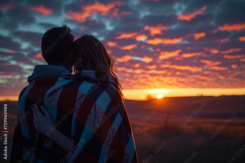 couple wrapped in a blanket watching sunrise