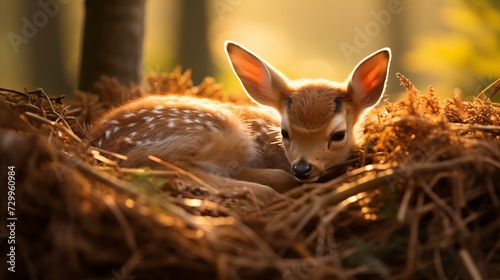 Tiny fawn curled up asleep in a meadow, sunlight dappling its soft fur and delicate antlers