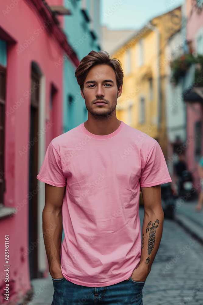 Sophisticated Apparel Branding, Blue Professional Logo Mockup on Male T shirts Flat Lay Presentation