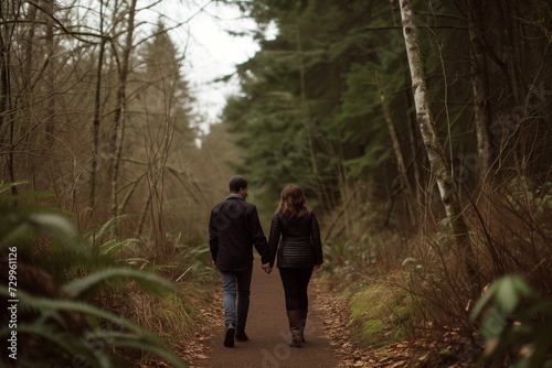 couple holding hands walking on a forest path © studioworkstock