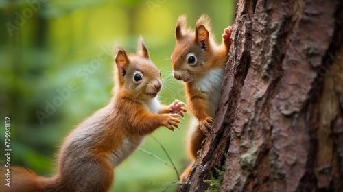 Playful squirrel kittens chasing each other around a tree trunk, bushy tails flicking and excited chirps
