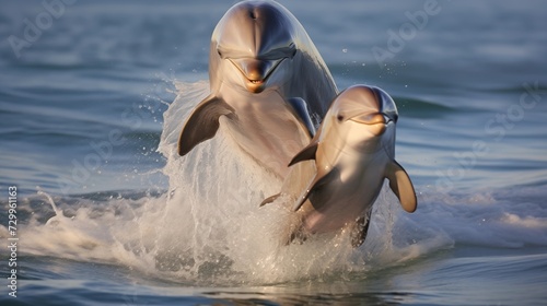 Newborn dolphin calf leaping out of the ocean waves alongside its mother, glistening skin and joyful smiles