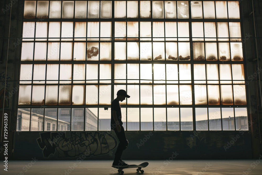 skateboarder silhouette against a large factory window skateboarder silhouette against a large factory window