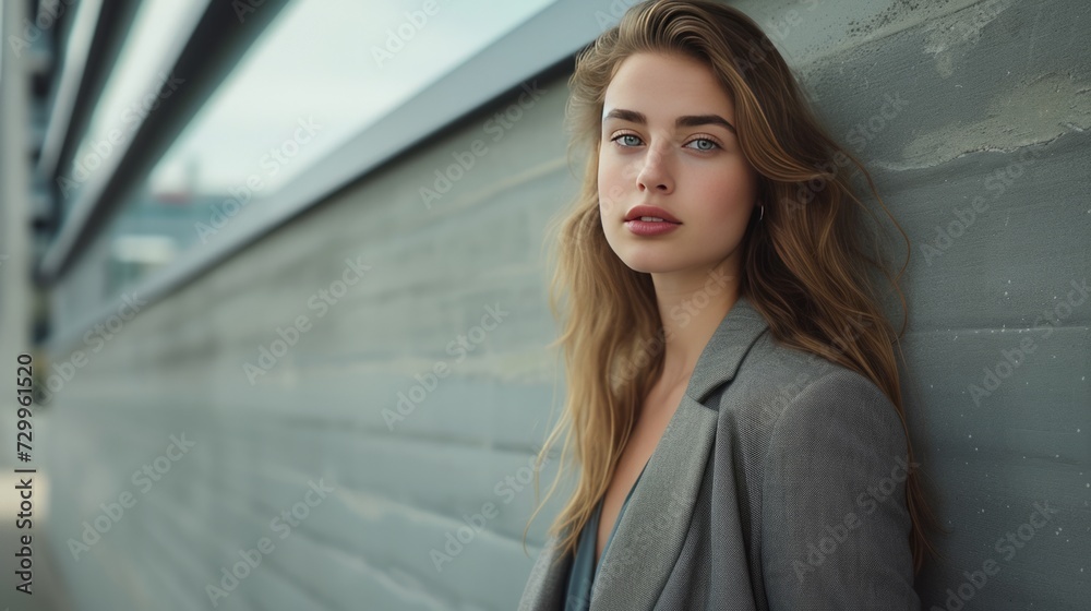 Fototapeta premium Portrait of a blonde businesswoman wearing a blazer leaning against a wall and looking sideways at the camera. Traveling to the office, independent, confident woman. Created with Generative AI.