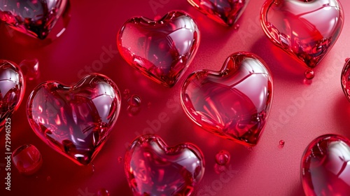 Coeurs 3D brillants de différentes tailles sur fond dégradé rouge profond parfaits pour les thèmes de la Saint-Valentin