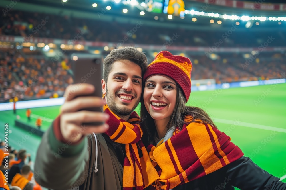 two friends wearing team scarves snapping a selfie at a game two friends wearing team scarves snapping a selfie at a game