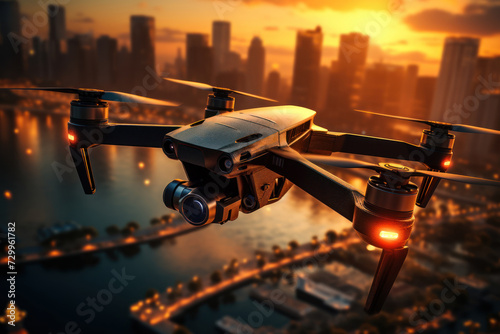 Drone with digital camera flying over the city. Aerial photography, drone technology