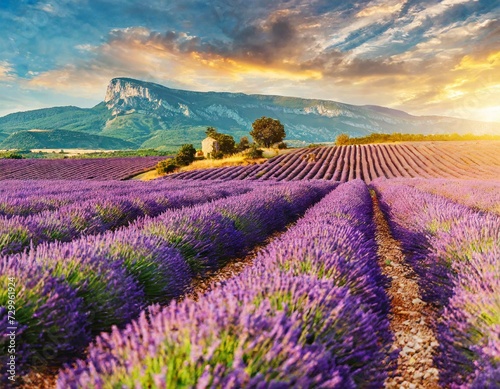 field of lavender, Stunning summer landscape in Provence, France with blooming violet fields, Lavender.wallpaper, background, Purple lavender field in Provence at sunset. png, Ai Generate 