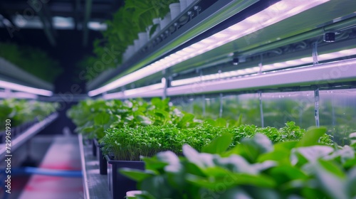 Vertical farming setup showcasing lush green plants growing in a soil-less hydroponic system with nutrient-rich water, under artificial LED lighting, representing sustainable agriculture technology. © TensorSpark
