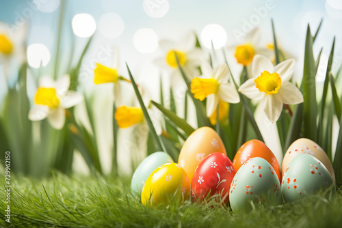 Easter daffodils and assorted eggs are beautifully arranged atop a verdant green grass background, exuding a vibrant and festive atmosphere synonymous with the spring holiday season