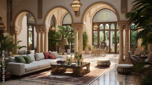 A luxurious living room with a Mediterranean influence boasts ornate columns, mosaic tile floors, and a view of a private garden