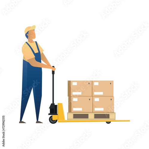 A man with a manual forklift with a pallet of boxes on it. Vector illustration