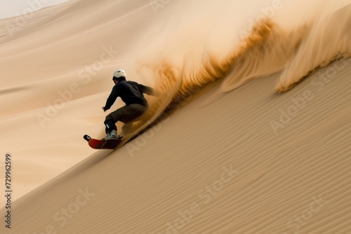 sandboarder sliding down a steep dune photo