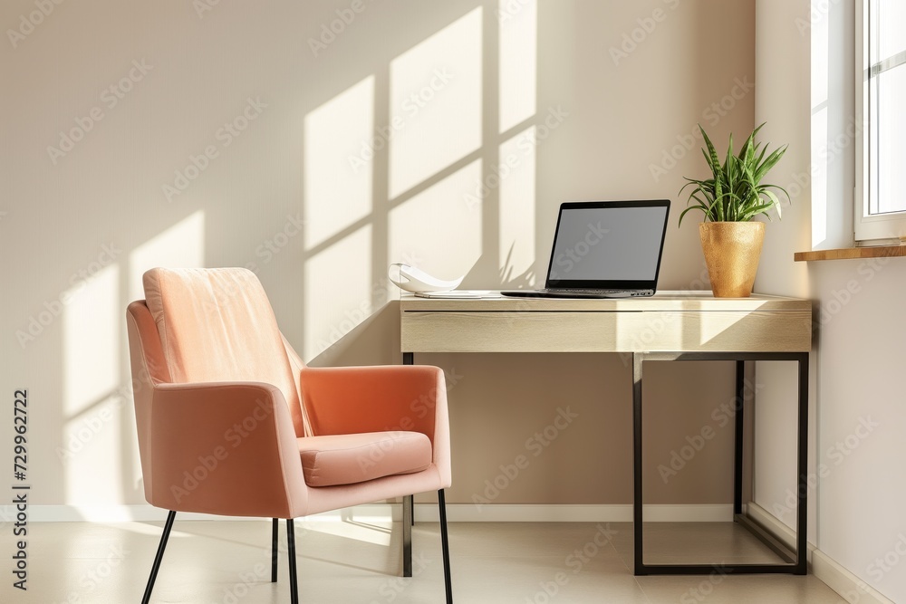 minimalist home office with peach armchair and laptop on desk